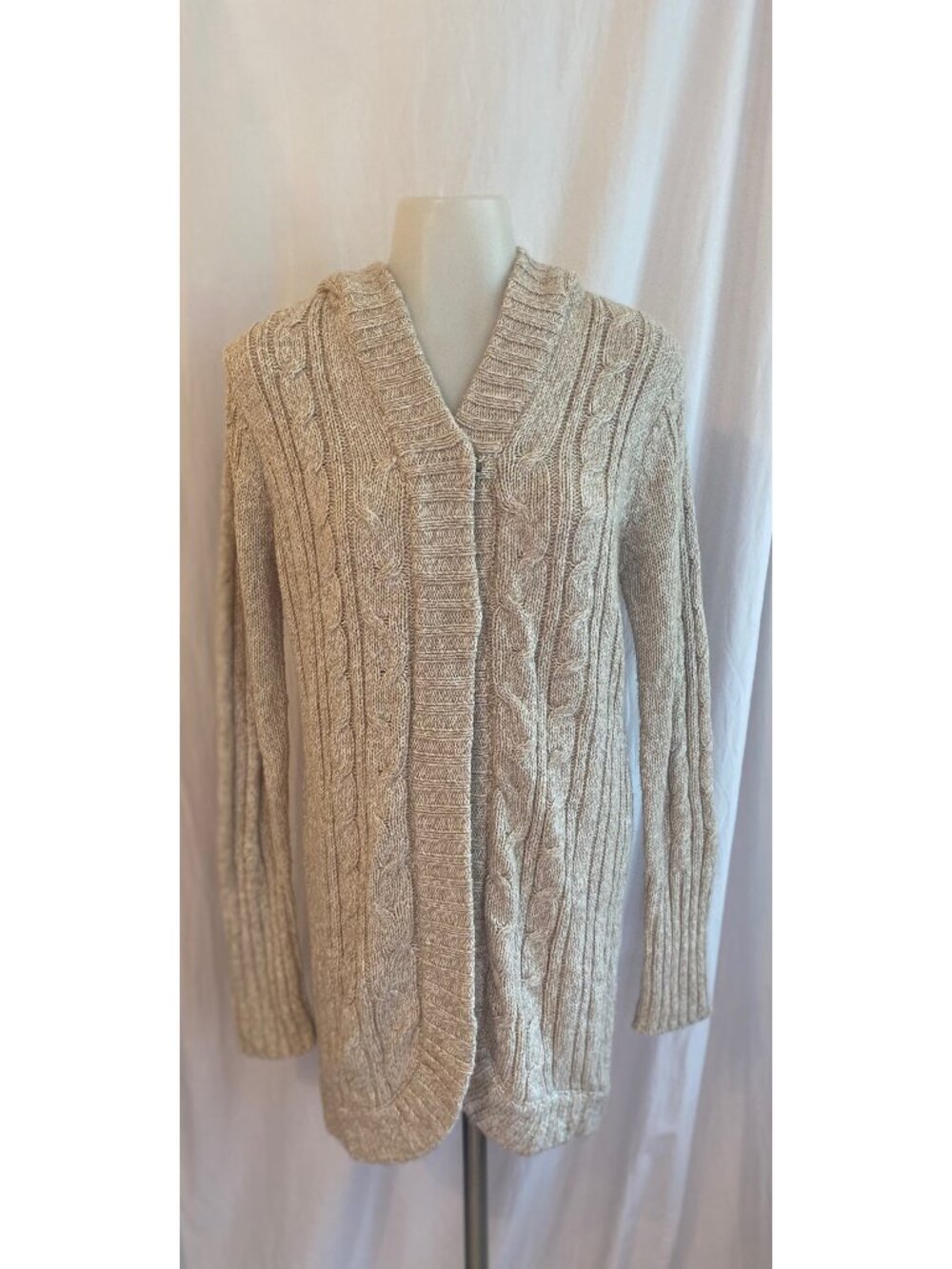 It's Our Time Beige Cable Knit Hooded Open Front Cardigan Sweater